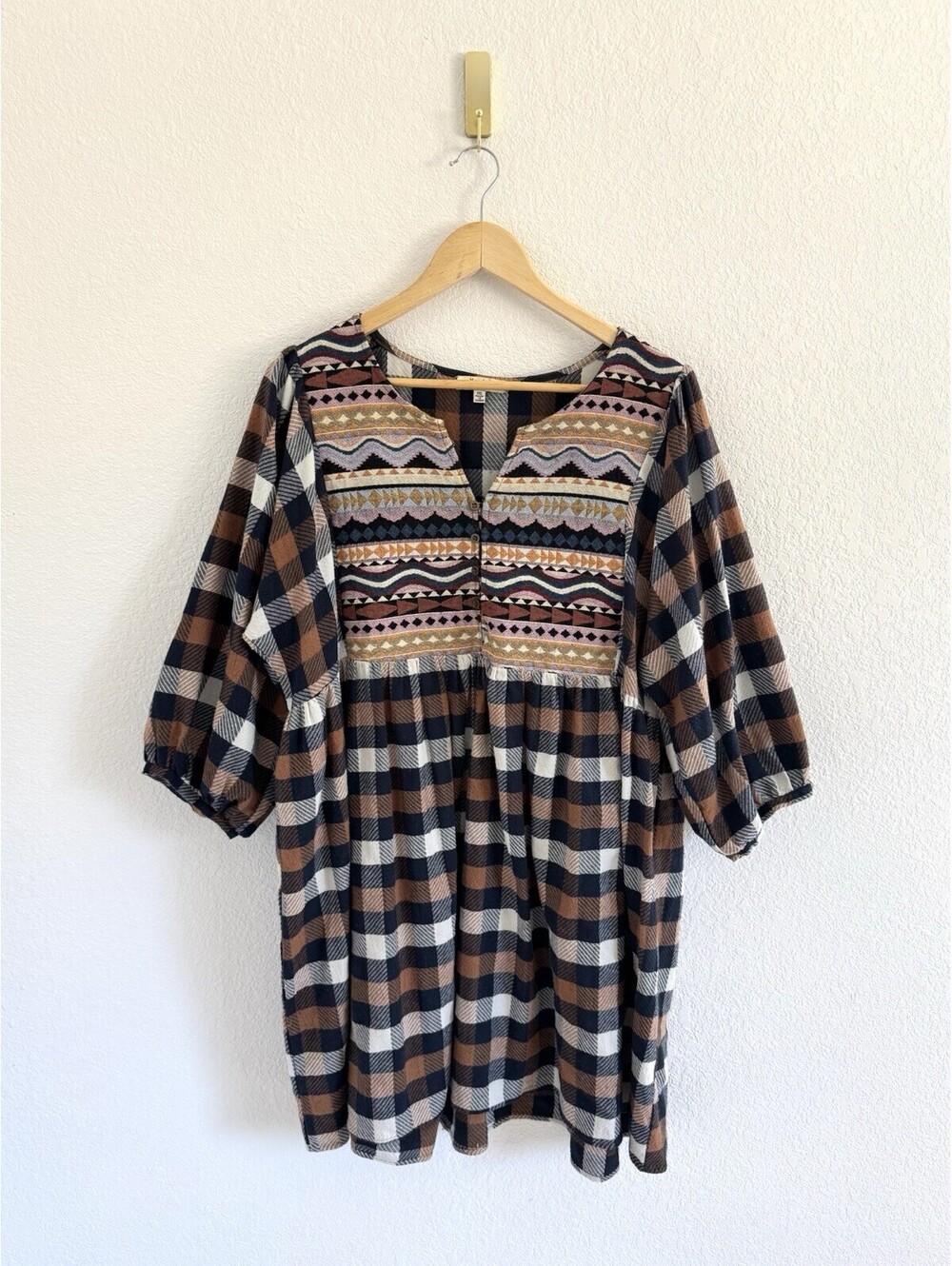 Hayden Women’s 1X Plaid Mini Dress Holiday Embroidered Cottagecore Boho